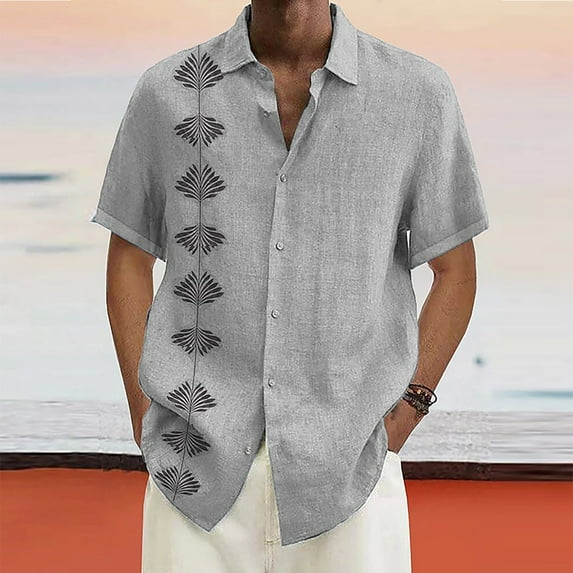 ELFINDEA Mens Shirts Designer Spring Summer Men's Casual Cotton Linen Solid Color Short Sleeve Shirts Loose Shirts Gray M