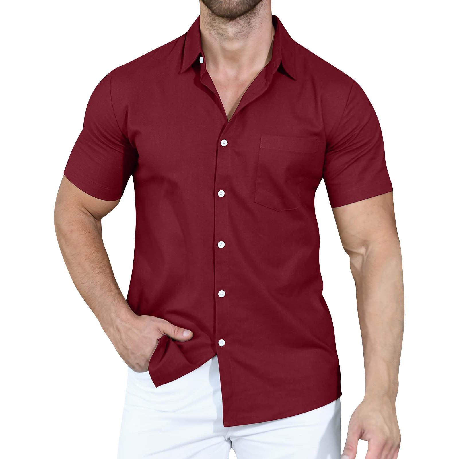 ELFINDEA Mens Shirts Men's Classic Regular Fit Button Down Short Sleeve  Solid Color Dress Shirts M-XXL Wine M 