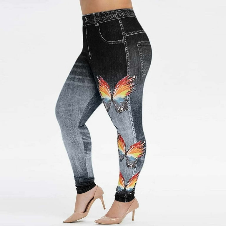 ELFINDEA New Women Fashion Plus Size Butterfly Print Skinny Casual Faux  Denim Long Pants 