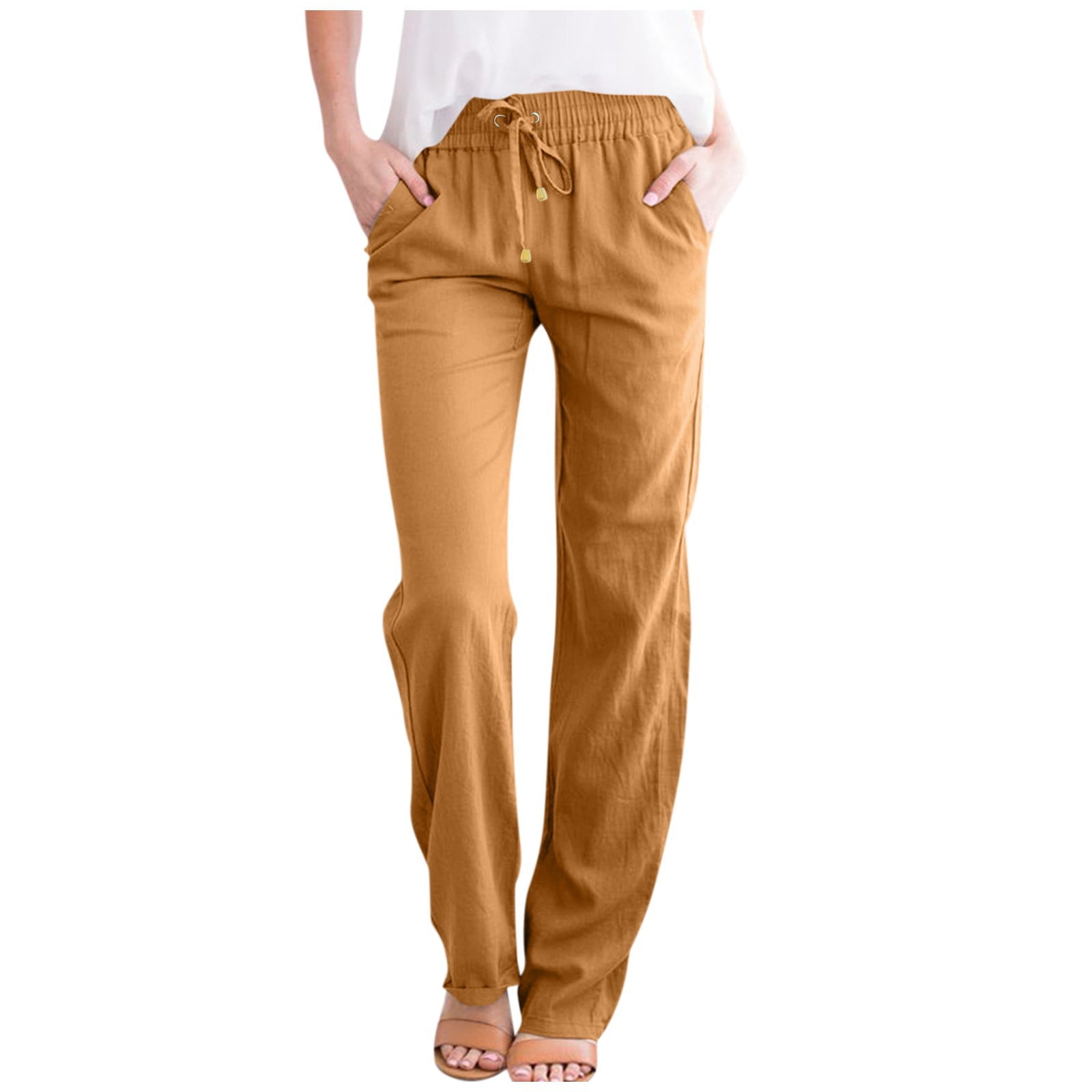 ELFINDEA Pants for Women 2024 Gifts Yoga Cargo Pants Sweatpants Casual  Cotton And Linen Solid Drawstring Elastic Waist Long Straight Pants Yellow  3X