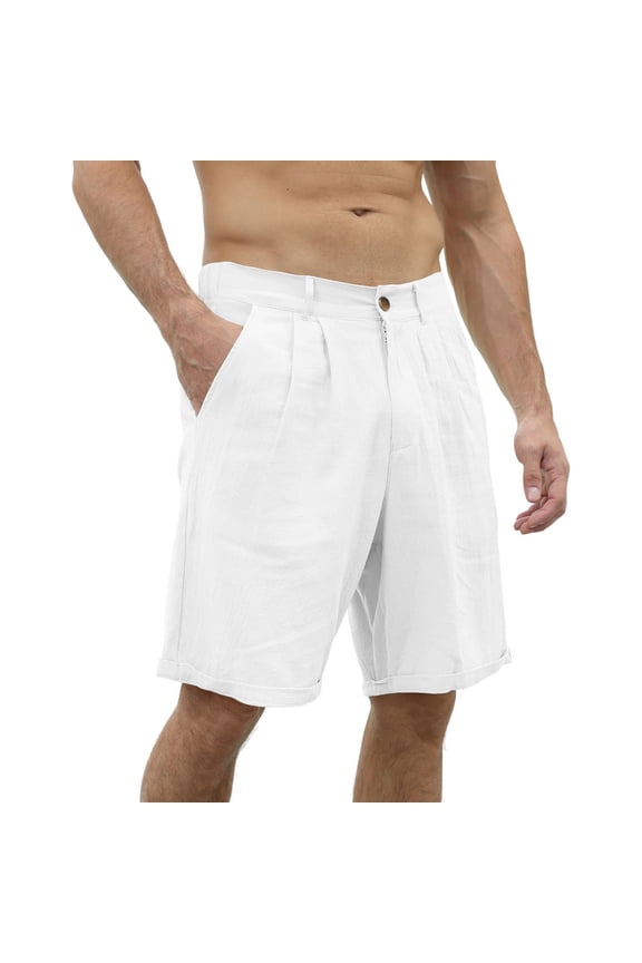 ELFINDEA Shorts Men's Linen Casual Beach Shorts Cotton Classic Summer Shorts with Buttons Elastic Waist White XXL 100% Polyester