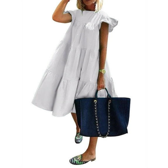 ELFINDEA Summer Dresses for women 2024 Round Neck Casual Short Sleeve Ruffle-Trim Dresses Plus Size White L