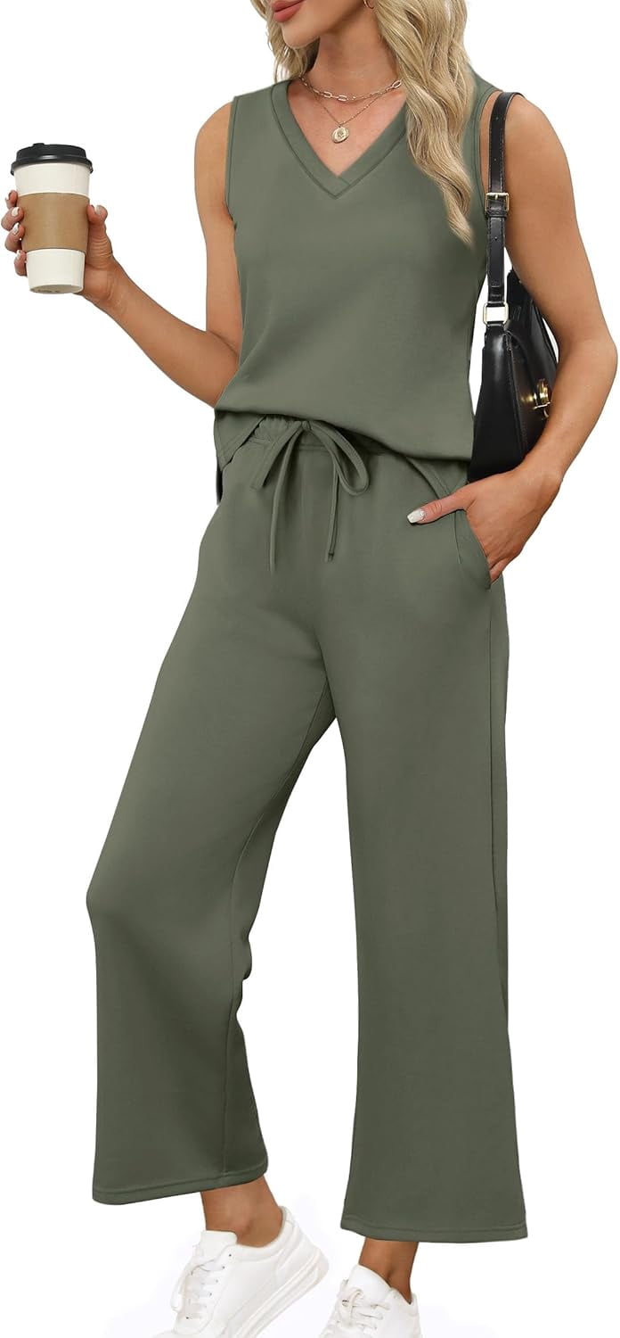 Women's Two Piece Lounge Set - V Neck Tank Top & Wide Leg Pants, Summer Travel Outfit (Gray)