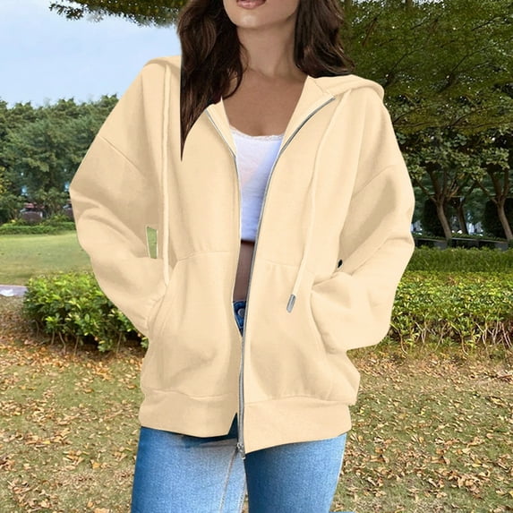 ELFINDEA Womens Coats Jackets for Women Casual Fashion Solid Color Long Sleeved Zippered Hooded Sweatshirt Womens Tops Beige M