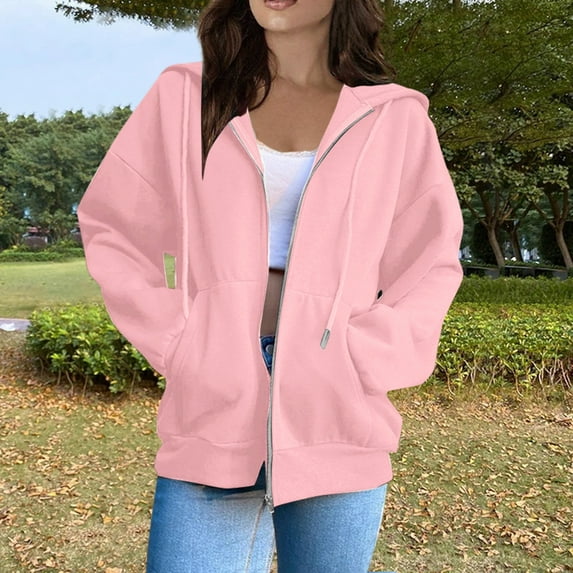 ELFINDEA Womens Coats Jackets for Women Casual Fashion Solid Color Long Sleeved Zippered Hooded Sweatshirt Womens Tops Pink 2X