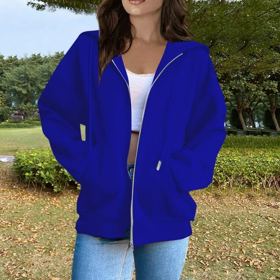 ELFINDEA Womens Coats Jackets for Women Casual Fashion Solid Color Long Sleeved Zippered Hooded Sweatshirt Womens Tops Royal Blue L