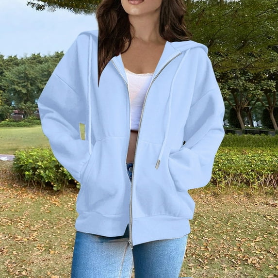 ELFINDEA Womens Coats Jackets for Women Casual Fashion Solid Color Long Sleeved Zippered Hooded Sweatshirt Womens Tops Sky Blue 3X