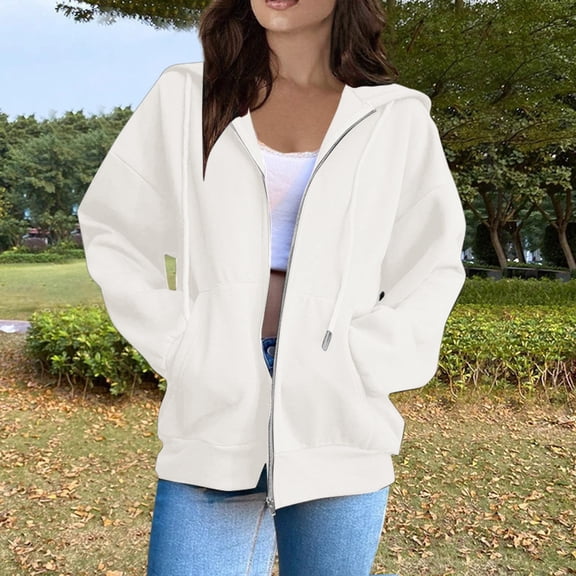 ELFINDEA Womens Coats Jackets for Women Casual Fashion Solid Color Long Sleeved Zippered Hooded Sweatshirt Womens Tops White 2X