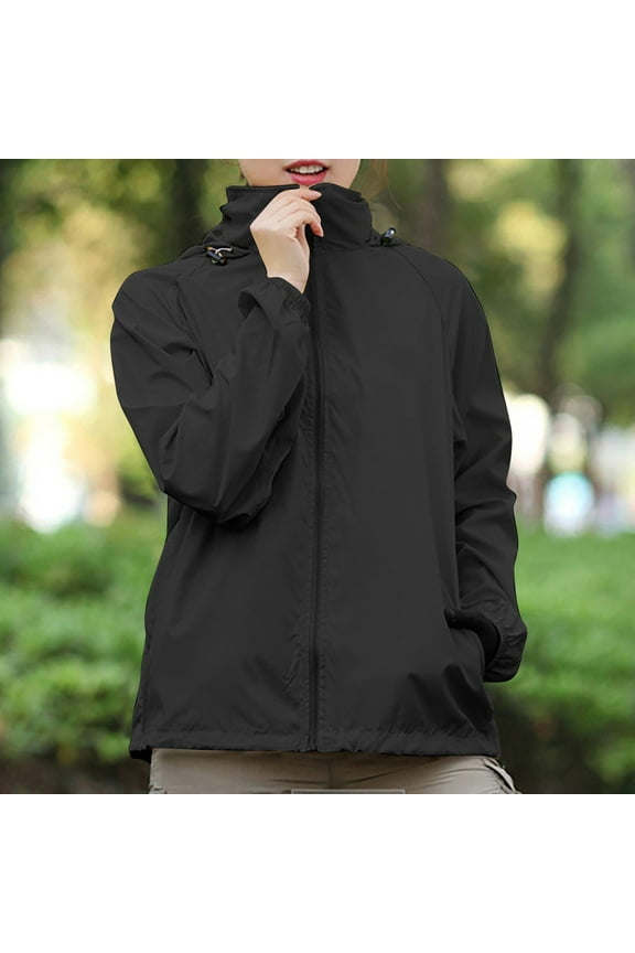 ELFINDEA Womens Coats Jackets for Women Solid Colored Hooded Long Sleeved , Windbreaker, Sun , Outdoor Sports Womens Tops Black S
