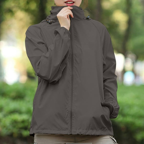 ELFINDEA Womens Coats Jackets for Women Solid Colored Hooded Long Sleeved , Windbreaker, Sun , Outdoor Sports Womens Tops Dark Gray 3X