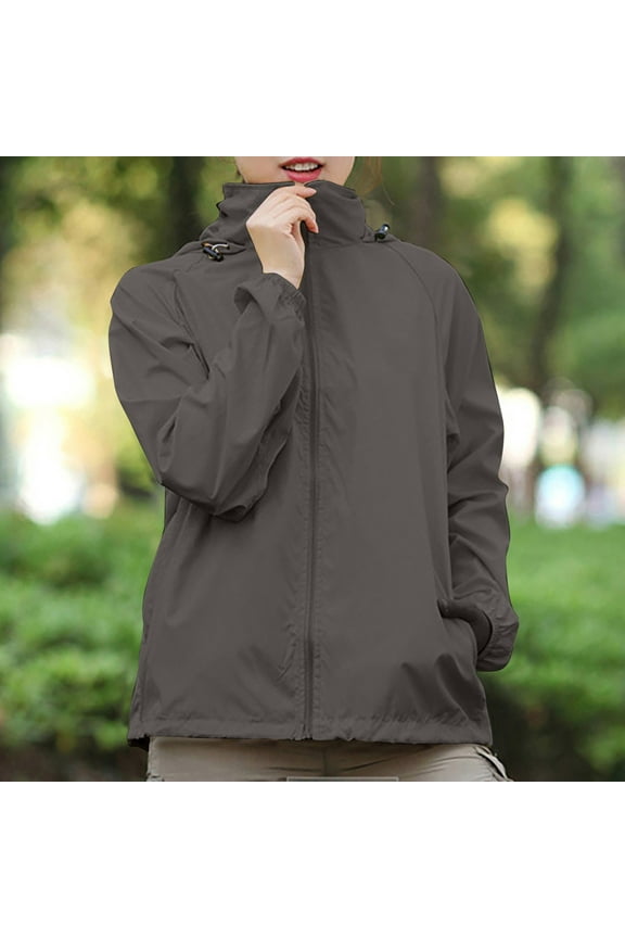 ELFINDEA Womens Coats Jackets for Women Solid Colored Hooded Long Sleeved , Windbreaker, Sun , Outdoor Sports Womens Tops Dark Gray 3X