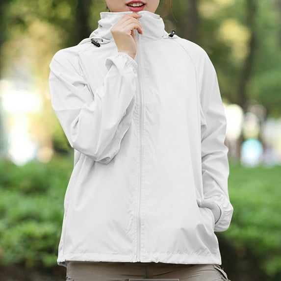 ELFINDEA Womens Coats Jackets for Women Solid Colored Hooded Long Sleeved , Windbreaker, Sun , Outdoor Sports Womens Tops White 3X