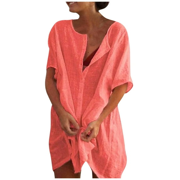 ELFINDEA Womens Plus Blouses & Tunics Fall Autumn Fashion Mid-Length Loose Solid Color Short Sleeve Shirt Casual Womens Tops Red 8X