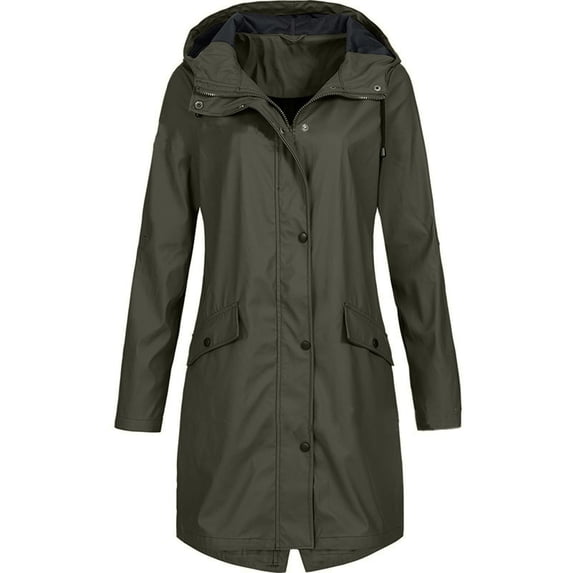 ELFINDEA womens tops Solid Rain Outdoor Plus Size Hooded Raincoat Windproof Long Jacket Coat Army Green L