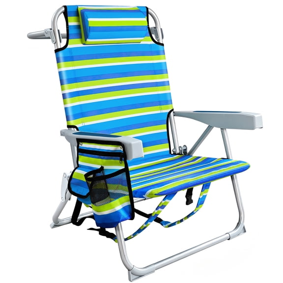 ELFWOLF Backpack Beach Chair for Adults, Lightweight Portable Folding Sand Chair, Double-Layer Oxford Fabric Supports up to 350 LBS, Blue & Green Stripe