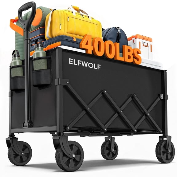 ELFWOLF Collapsible Wagon Cart, 400 lb Load Capacity, Lightweight Folding Wagon with Wheels for Camping, Gardening, Sports, Shopping & Grocery Transport