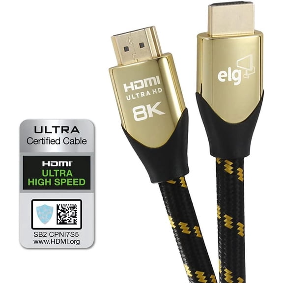 ELG 8K HDMI 2.1 Cable 6.6 ft Ultra High Speed 48 Gbps eARC VRR Ethernet Gold-Plated