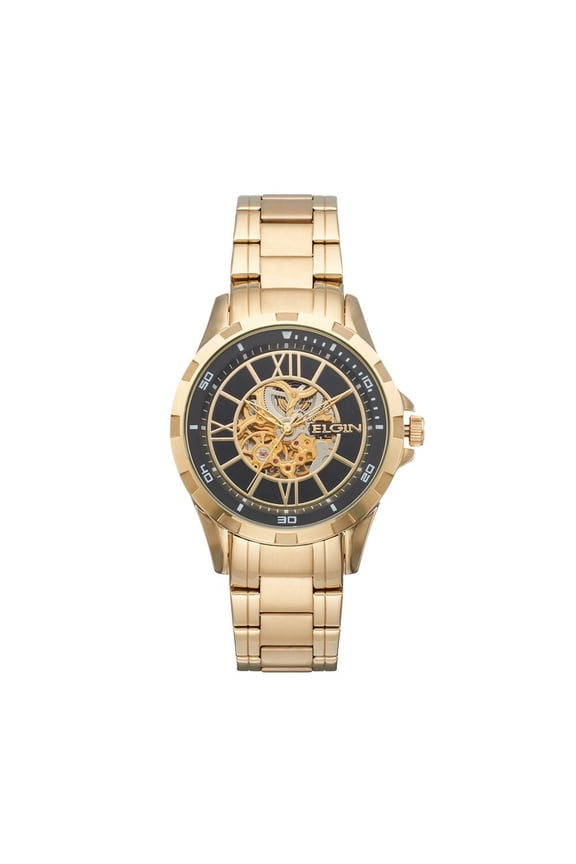 ELGIN MEN'S STAINLESS STEEL AUTOMATIC GOLD SKELETON WATCH FG9040