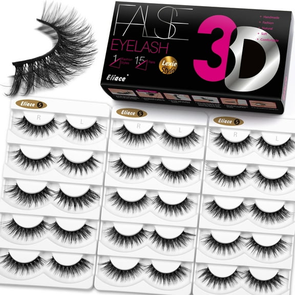 ELIACE False Eyelashes Wispy Cat-Eye Faux Mink Lashes Fluffy C-Curl Long Fake Eye Lashes Multipack Lashes (15 Pairs) | Lexie