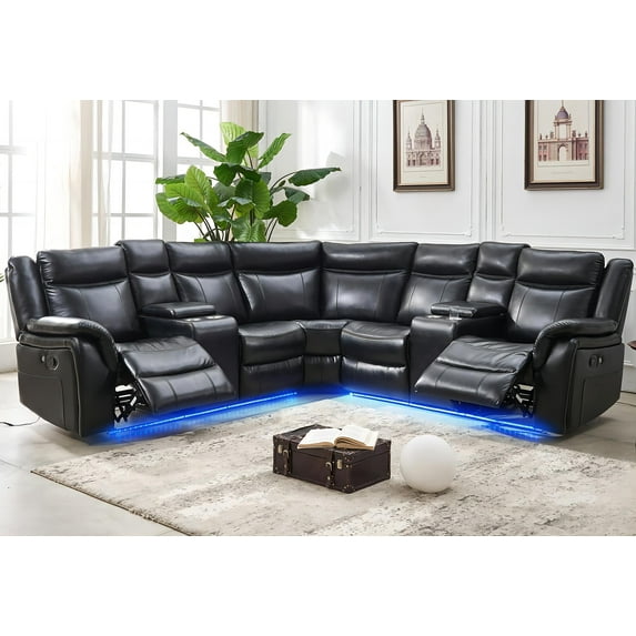 ELIASER Manual Recliner Sofa Sets with LED Lights,Faux Leather Reclining Sectional Couch for Living Room Furniture Sets with USB Port,Storage Console Cup Holders Black