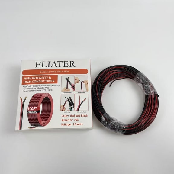 ELIATER Electric wire and cable,Wire 100FT, 2 Conductors Electrical Wire Red Black Cable, Low Voltage 14 AWG Copper Clad Aluminum Extension Cord for Speaker Wire