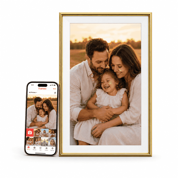 ELIME 15.6" WiFi Digital Picture Frame with Frameo App, Full HD Auto-Rotating Smart Photo Display, 32GB, Gold