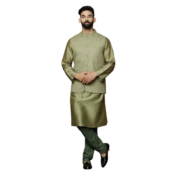 ELINA FASHION Men's Indian Cotton Kurta Pajama And Nehru Jacket (Waistcoat) Ethnic Wedding Diwali Puja Set