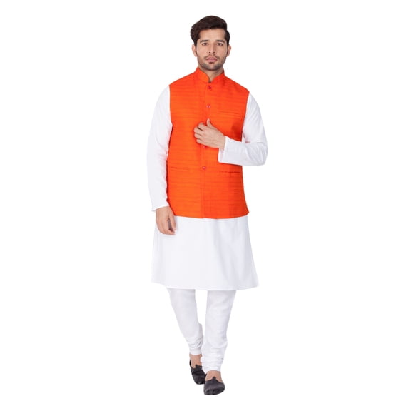 ELINA FASHION Men's Indian Cotton Kurta Pajama And Nehru Jacket (Waistcoat) Wedding Ethnic Diwali Puja Set