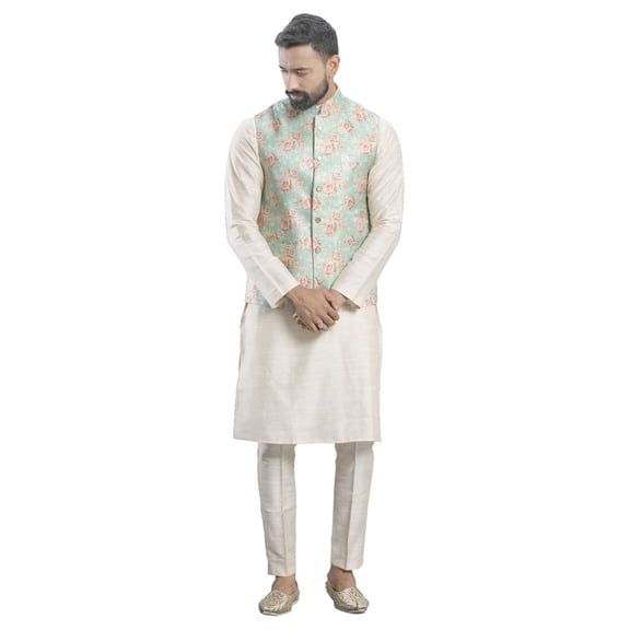 ELINA FASHION Men's Indian Cotton Kurta Pajama And Printed Nehru Jacket (Waistcoat) Indian Wedding Ethnic Diwali Puja Set