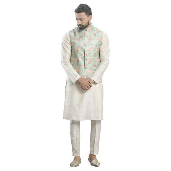 ELINA FASHION Men's Indian Cotton Kurta Pajama And Printed Nehru Jacket (Waistcoat) Indian Wedding Ethnic Diwali Puja Set