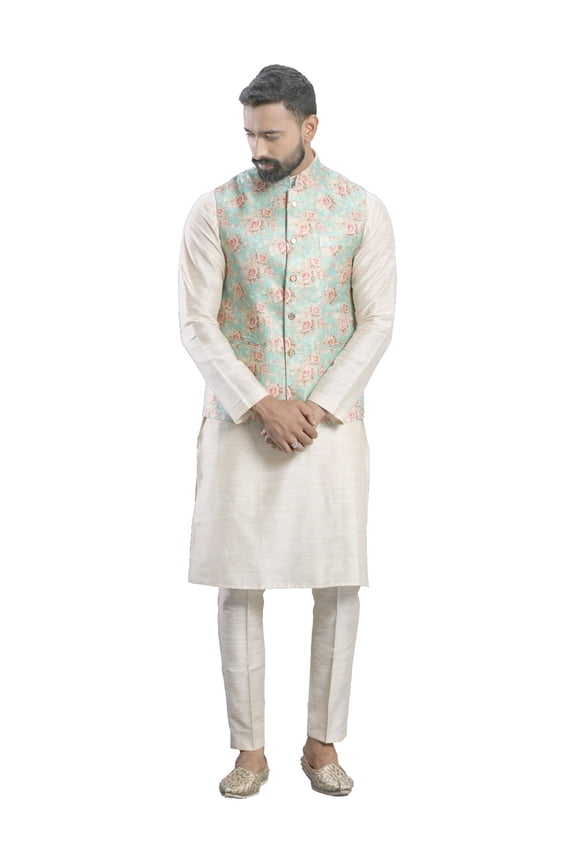 Men's Indian Cotton Kurta Pajama And Printed Nehru Jacket (Waistcoat) Indian Wedding Ethnic Diwali Puja Set
