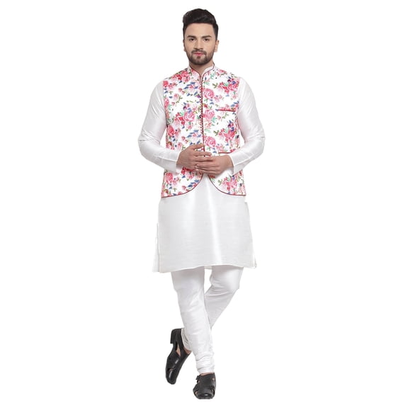 ELINA FASHION Men's Indian Raw Silk Kurta Pajama And Nehru Jacket (Waistcoat) || Ethnic Wedding Diwali Puja Set