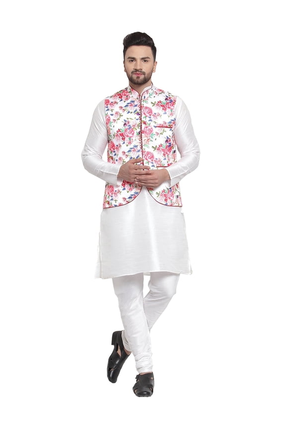Men's Indian Raw Silk Kurta Pajama And Nehru Jacket (Waistcoat) || Ethnic Wedding Diwali Puja Set