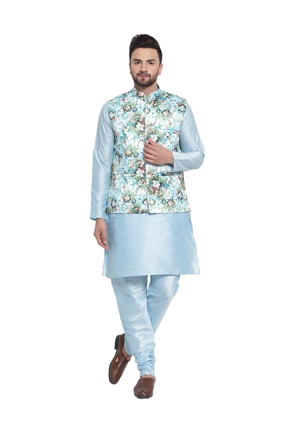 Men's Indian Raw Silk Kurta Pajama And Nehru Jacket (Waistcoat) || Ethnic Wedding Diwali Puja Set