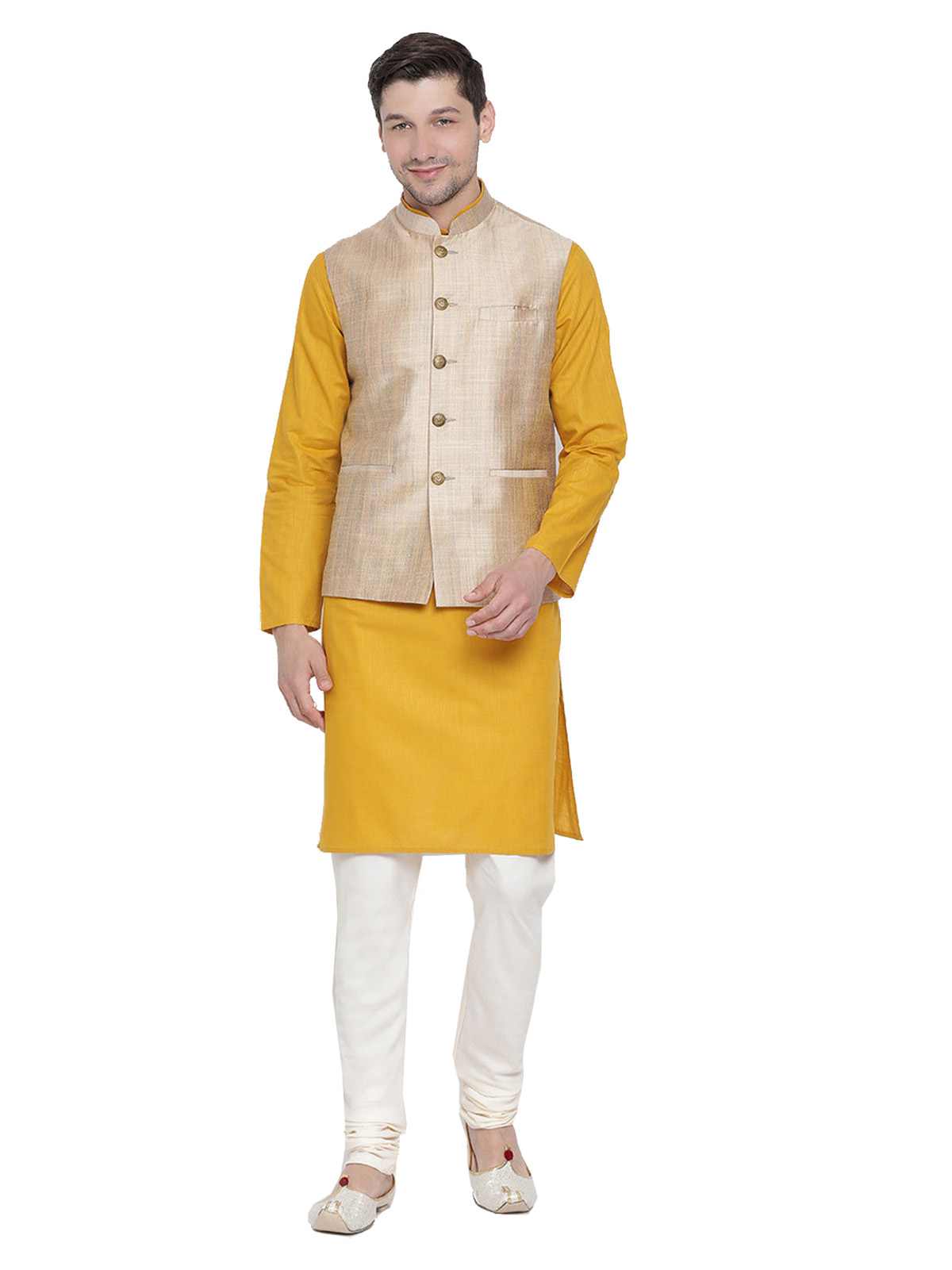 STYLE INSTANT - Pigiama indiano da uomo, in cotone Kurta e Nehru (cappotto) | Set etnico per matrimonio Diwali Puja, Bianco sporco 1., L