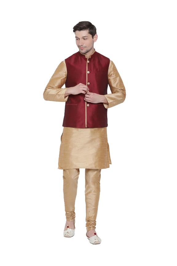 Men's Indian Silk Blend Kurta Pajama And Nehru Jacket (Waistcoat) Traditional Wedding Diwali Dress Set