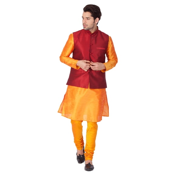 ELINA FASHION Men's Indian Silk Blend Kurta Pajama And Nehru Jacket (Waistcoat) Traditional Wedding Party Festivals Dress Set