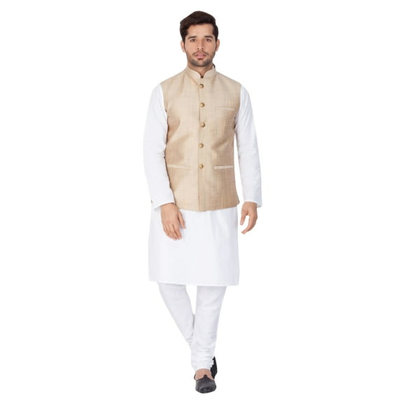 ELINA FASHION Men's Indian Silk Blend Kurta Pajama And Nehru Jacket (Waistcoat) Wedding Traditional Diwali Dress Set (White, Medium(38))