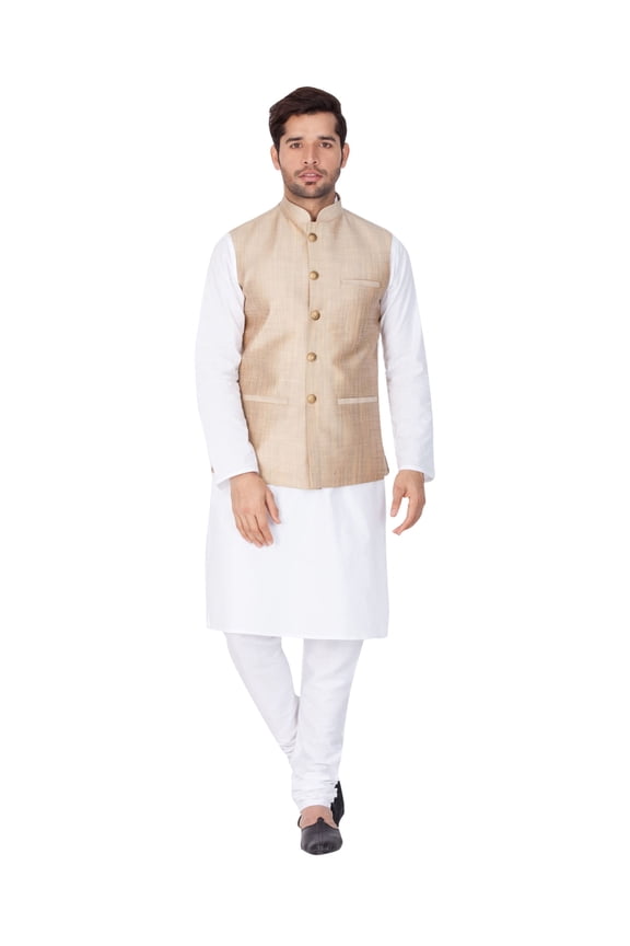 Men's Indian Silk Blend Kurta Pajama And Nehru Jacket (Waistcoat) Wedding Traditional Diwali Dress Set (White, Medium(38))