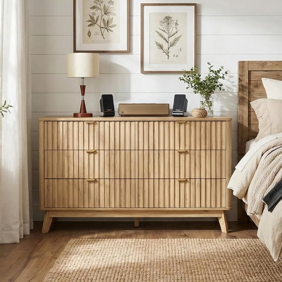 ELISA HOME Fluted 6 Drawer Dresser for Bedroom, 30.5″ Tall Wide Chest of Drawers, Kids Dresser, Wood Storage Organizer for Clothes, Hallway, Nursery or Living Room, Oak, 15.7" D x 54" W x 30.5" H