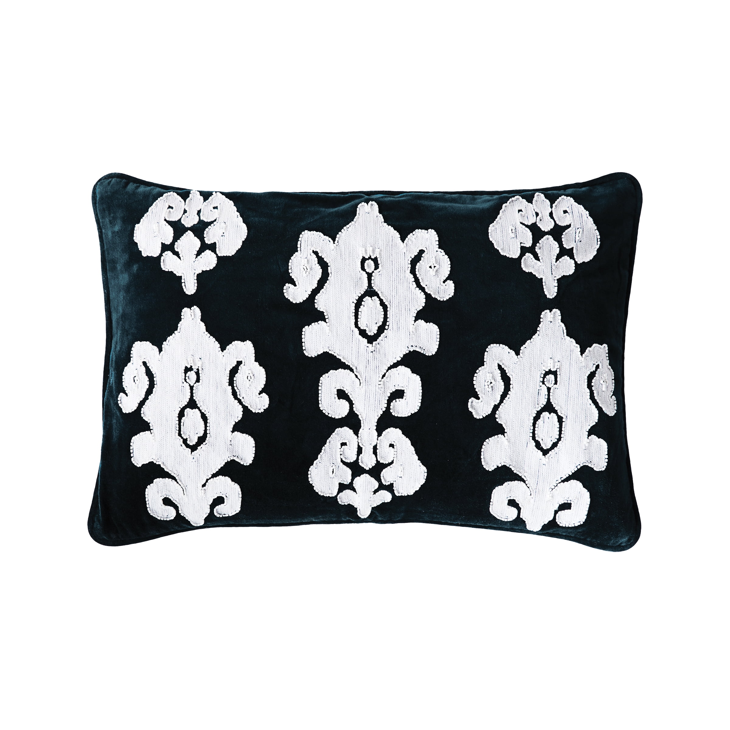 Blue Embroidered Ikat Cotton Velvet Rectangular Pillow