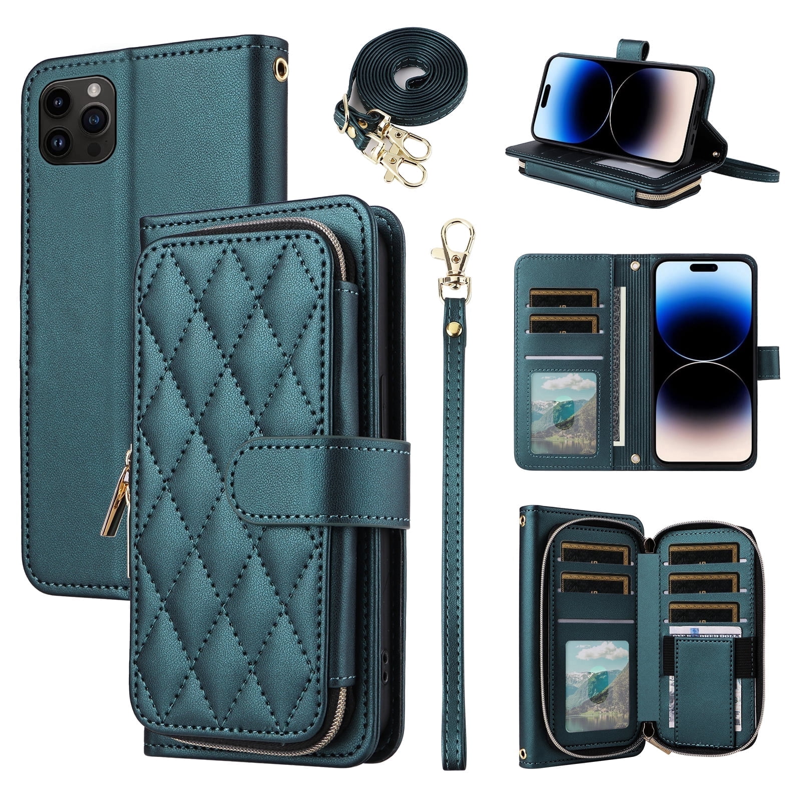Furiet Argyle Wallet Case Compatible with iPhone 16 Pro 6.3 inch with Wrist Strap Shoulder Strap, Card Slot Zipper Purse Luxury PU Leather Stand Cell Phone Cover for i Phone16 i16 16Pro Green