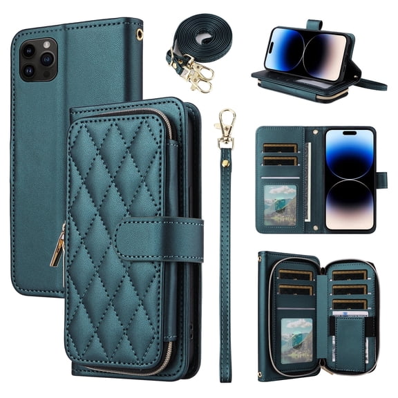 Furiet Argyle Wallet Case Compatible with iPhone 16 Pro 6.3 inch with Wrist Strap Shoulder Strap, Card Slot Zipper Purse Luxury PU Leather Stand Cell Phone Cover for i Phone16 i16 16Pro Green