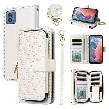 Furiet Argyle Wallet Case for Motorola G Play 5G 2024 with Wrist Strap Shoulder Strap Card Slots Zipper Purse Luxury PU Leather Stand Cell Phone Cover for Moto G Play 5G 2024 Women Girls White