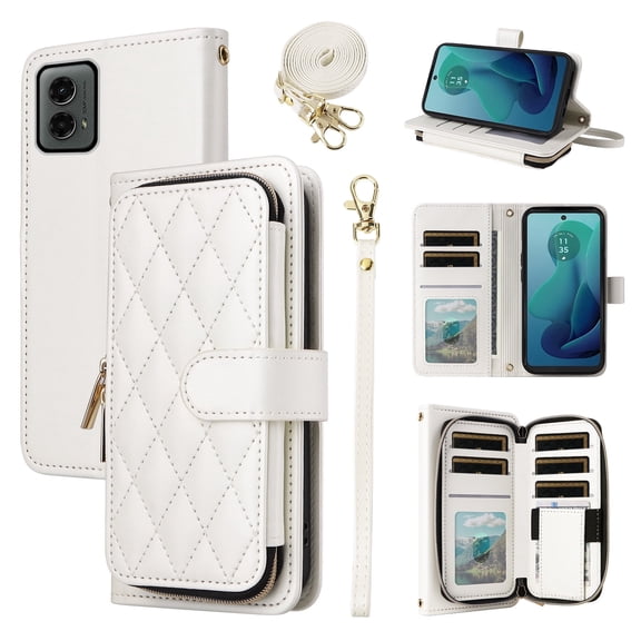 Furiet Argyle Wallet Case for Motorola Moto G 5G 2024 with Wrist Strap Shoulder Strap Card Slots Zipper Purse Luxury PU Leather Stand Checkered Cell Phone Cover for G5G 5 G G5 Women Girls White