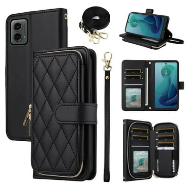Furiet Argyle Wallet Case for Motorola Moto G 5G 2024 with Wrist Strap Shoulder Strap Card Slots Zipper Purse Luxury PU Leather Stand Checkered Cell Phone Cover for G5G 5 G G5 Women Girls Black