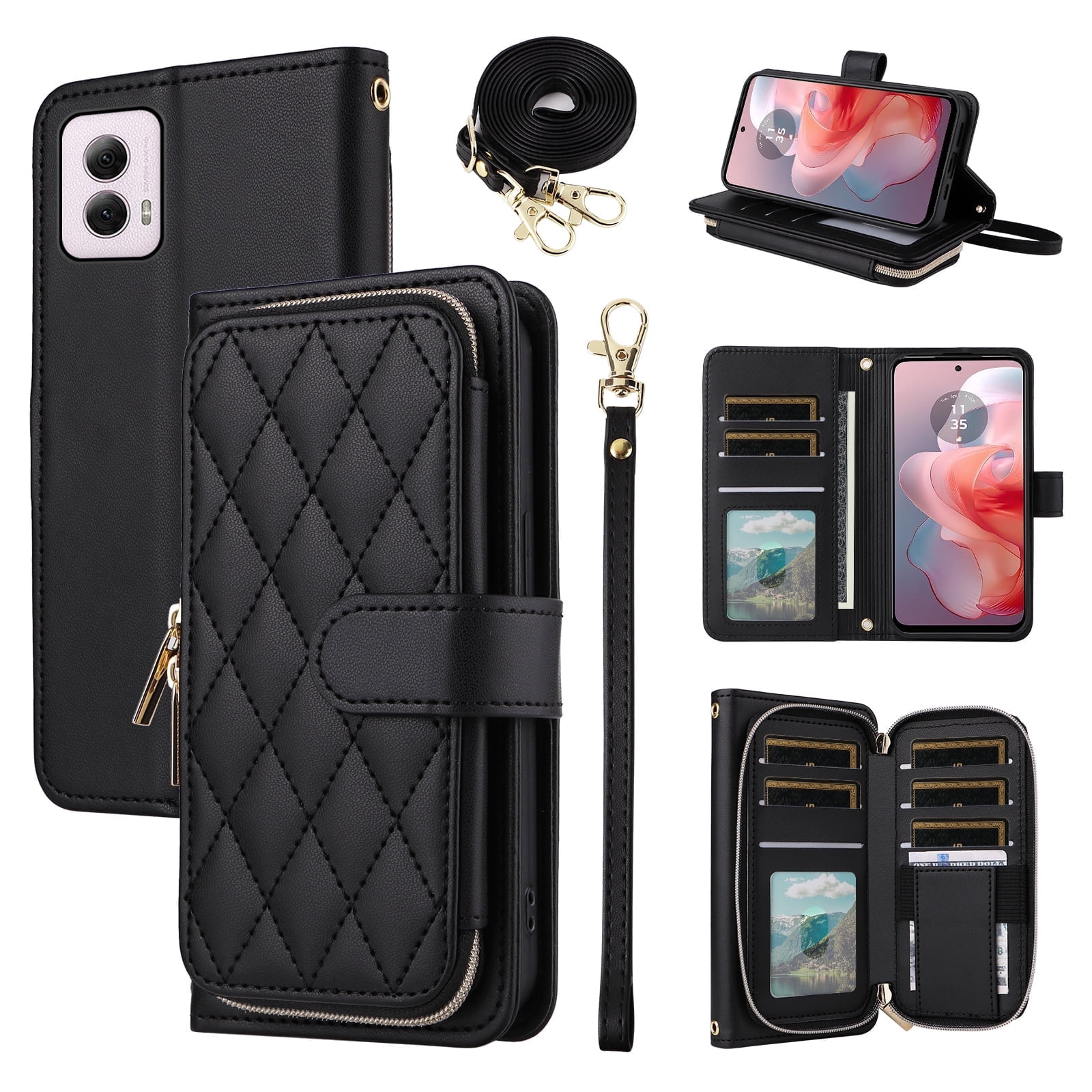 Furiet Argyle Wallet Case for Motorola Moto G Power 5G 2024 with Wrist Strap Shoulder Strap, Card Slot Zipper Purse Luxury PU Leather Stand Checkered Cell Phone Cover for G5 Women Girls Black