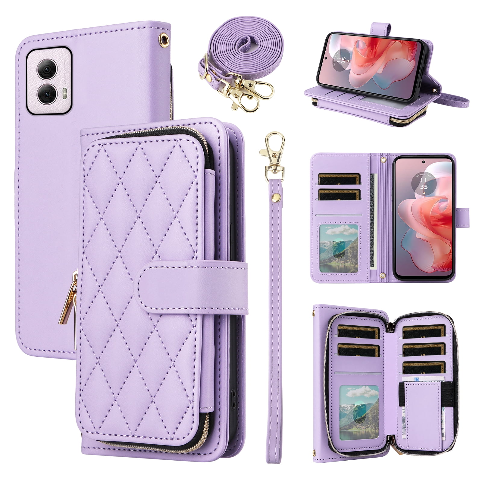 Furiet Argyle Wallet Case for Motorola Moto G Power 5G 2024 with Wrist Strap Shoulder Strap, Card Slot Zipper Purse Luxury PU Leather Stand Checkered Cell Phone Cover for G5 Women Girls Purple