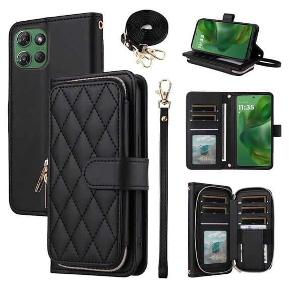 Furiet Argyle Wallet Case for Motorola Moto G Power 5G 2025 with Wrist/Shoulder Strap, Card Slots Zipper Purse Luxury PU Leather Stand Checkered Cell Phone Cover for XT2515-1 Women Girls Black