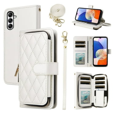 Furiet Argyle Wallet Case for Samsung Galaxy A55 5G with Wrist Strap Shoulder Strap, Card Slots Zipper Purse Luxury PU Leather Stand Checkered Phone Cover for A 55 55A A555G Women Girls White